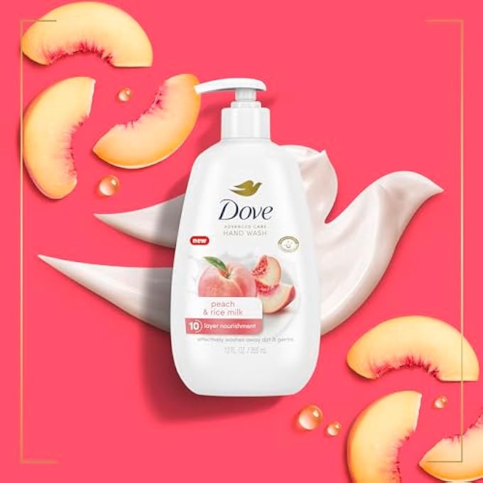 Dove ADVANCED CARE HAND WASH PEACH & RICE MILK 4 COUNT FOR WASHING AWAY DIRT & GERMS WHILE NOURISHING SKIN 10 LAYERS DEEP, WITH MOISTURE BOOST 5X COMPLEX - Image 4